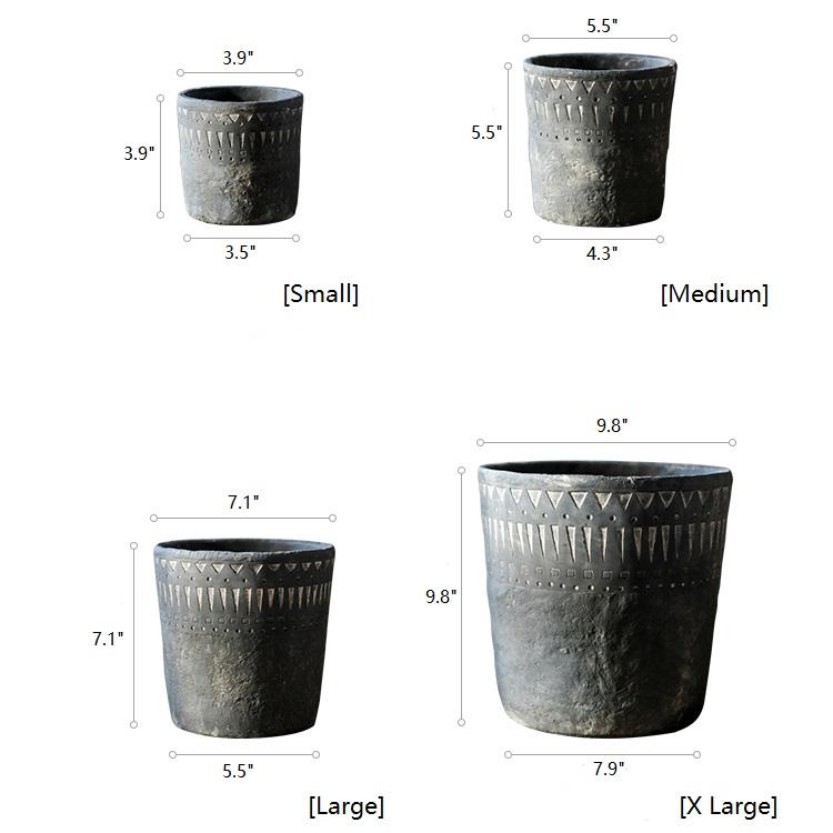 Black cement planter set by RusticReach; four sizes with geometric pattern on Tampa Home & Garden Store
