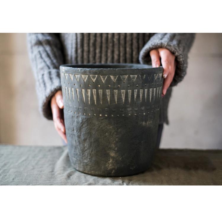 Black Pottery Cement Planter by RusticReach with geometric triangle motif on Tampa Home & Garden Store