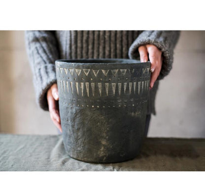 Black Pottery Cement Planter by RusticReach with geometric triangle motif on Tampa Home & Garden Store