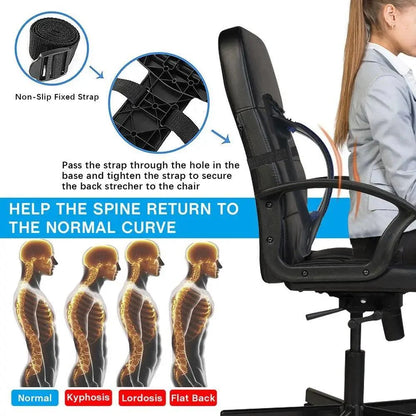 Stevvex black purple back stretching device on chair with strap for posture relief on Tampa Home & Garden Store