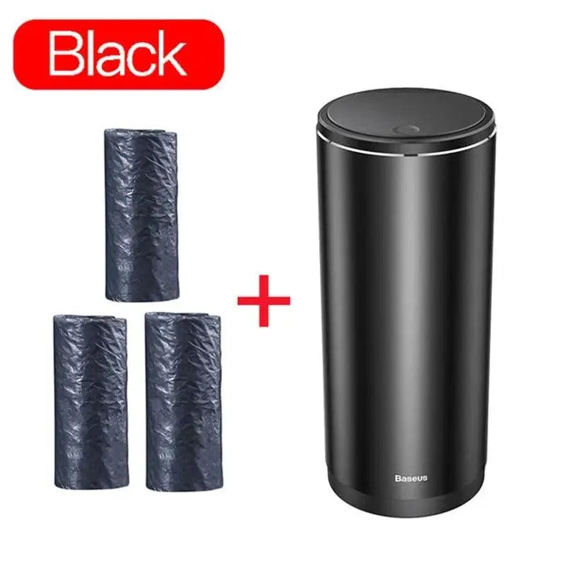Black car trash bin with lid and three blue bags, Baseus brand, vehicle cleaning accessory on Tampa Home & Garden Store