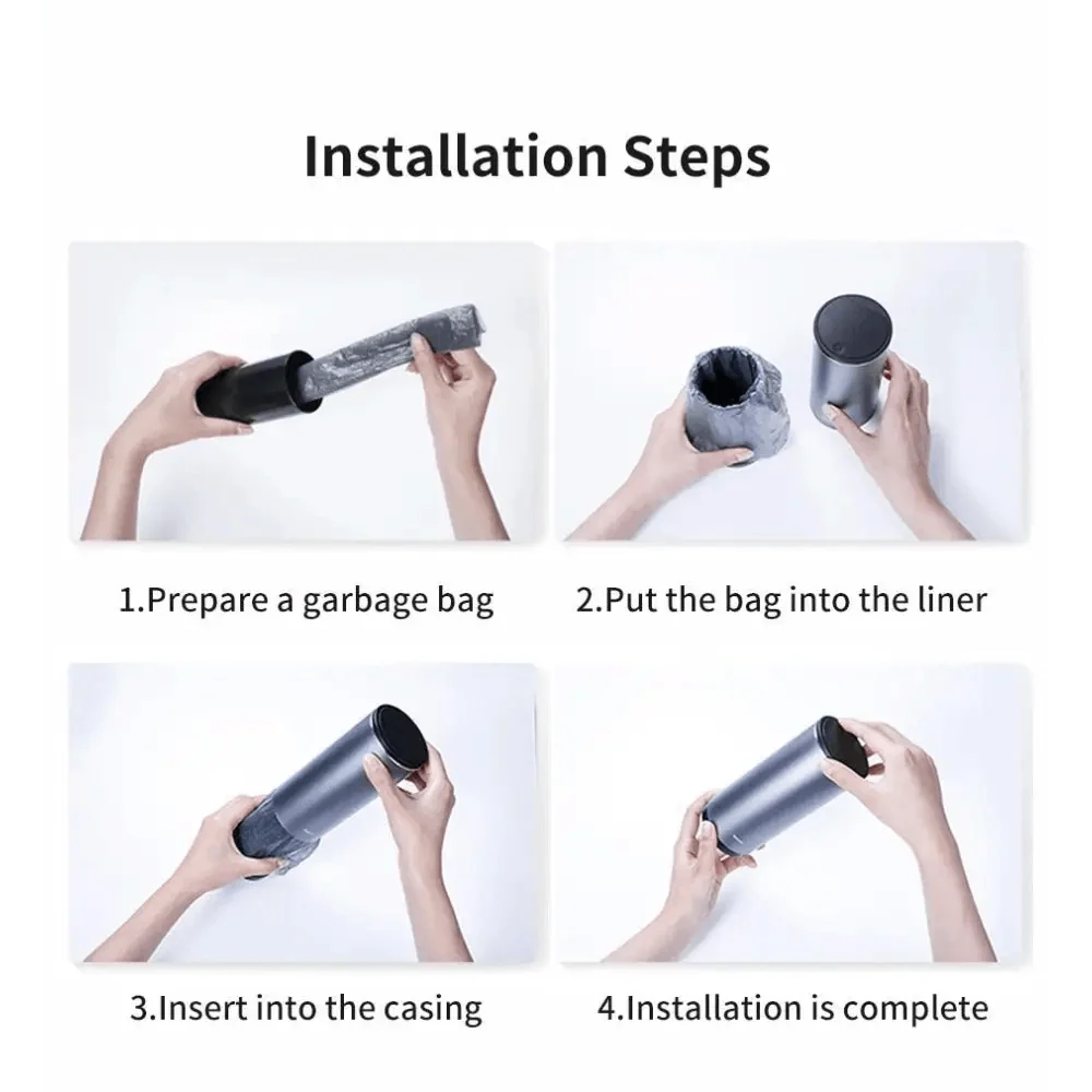 Stevvex black car trash bin installation steps collage: bag prep, liner insert, casing fit on Tampa Home & Garden Store