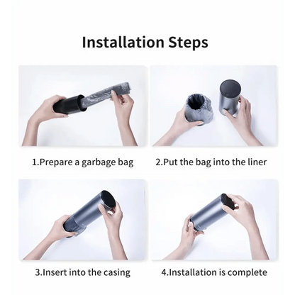 Stevvex black car trash bin installation steps collage: bag prep, liner insert, casing fit on Tampa Home & Garden Store