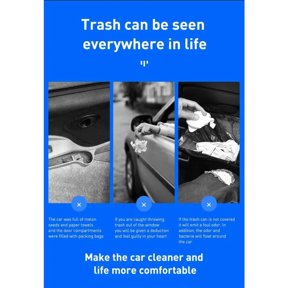 Black Stevvex trash bin organizer for vehicle on blue promo banner with three panels showing use on Tampa Home & Garden Store