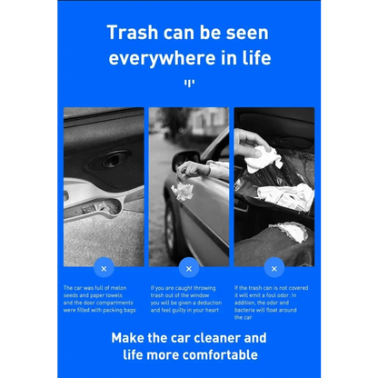 Black Stevvex trash bin organizer for vehicle on blue promo banner with three panels showing use on Tampa Home & Garden Store
