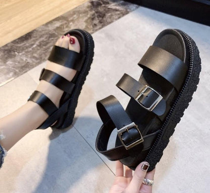 Stevvex black platform sandals with double buckles, adjustable straps, open toe leather on Tampa Home & Garden Store