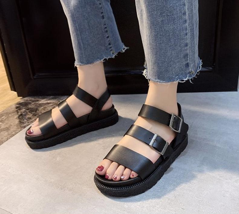 Stevvex black platform sandals, buckles, non-slip sole on Tampa Home & Garden Store