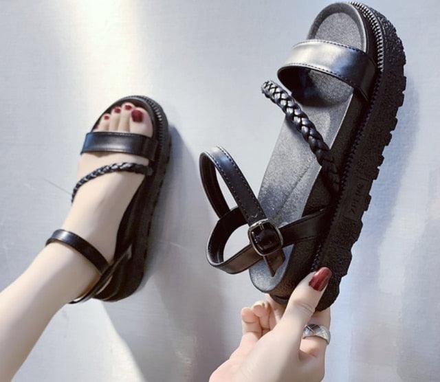 Stevvex black leather platform sandals with double-buckle straps, open toe on Tampa Home & Garden Store