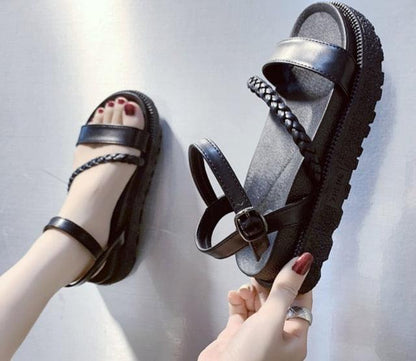 Stevvex black leather platform sandals with double-buckle straps, open toe on Tampa Home & Garden Store