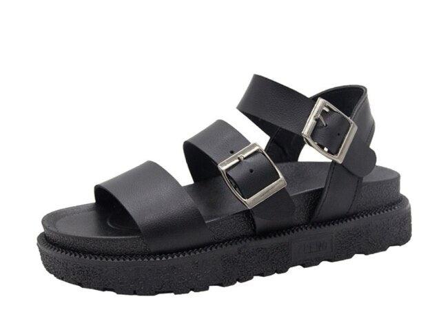 Stevvex black leather platform sandals with double buckles, open toe, non-slip sole on Tampa Home & Garden Store