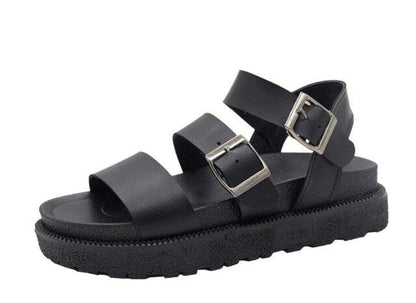 Stevvex black leather platform sandals with double buckles, open toe, non-slip sole on Tampa Home & Garden Store