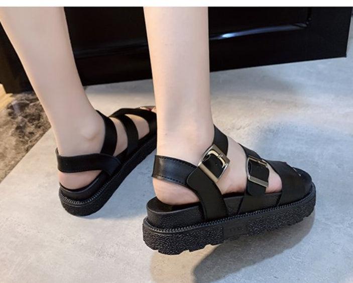 Stevvex black platform sandals for women with double buckle straps, open toe, soft leather on Tampa Home & Garden Store