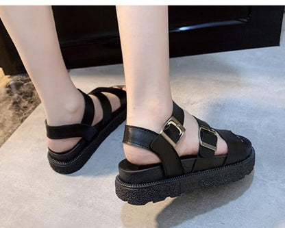 Stevvex black platform sandals for women with double buckle straps, open toe, soft leather on Tampa Home & Garden Store