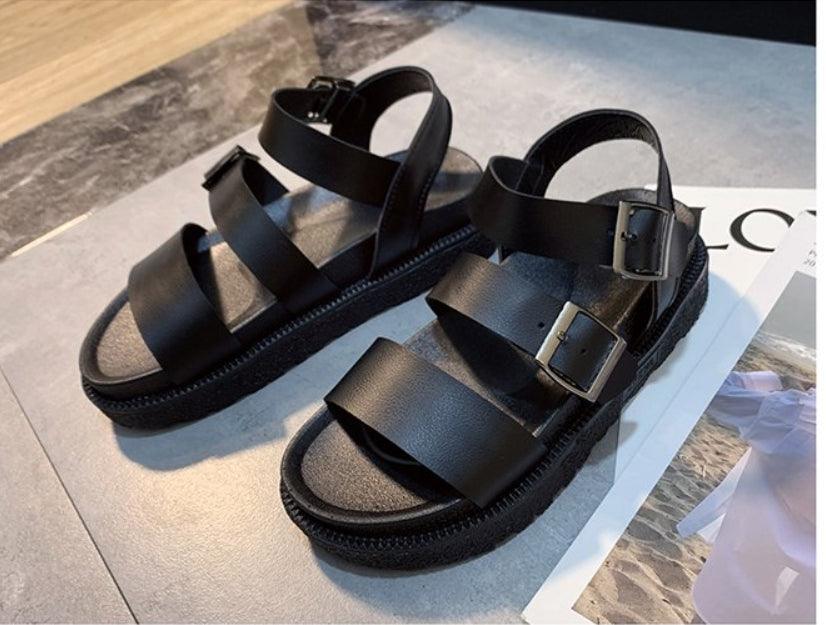Stevvex black leather platform sandals with double buckles, open toe on Tampa Home & Garden Store