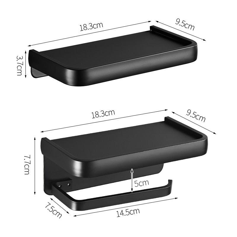 Stevvex matte black toilet paper holder with shelf, wall-mounted roll cradle on Tampa Home & Garden Store