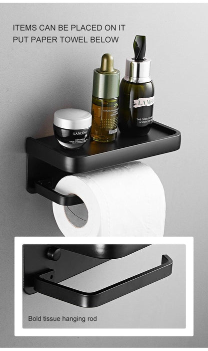Stevvex matte black toilet paper holder with shelf and adhesive mount, holds tissue roll on Tampa Home & Garden Store