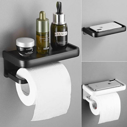 Stevvex black matte bathroom shelf with toilet paper holder and adhesive mount, phone tray view on Tampa Home & Garden Store