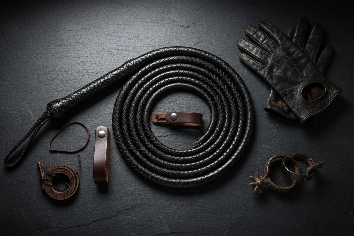 Frontier Cowboy Gear Cowhide Stock Whip Coco Black braided bull whip with brown leather strap on Tampa Home & Garden Store