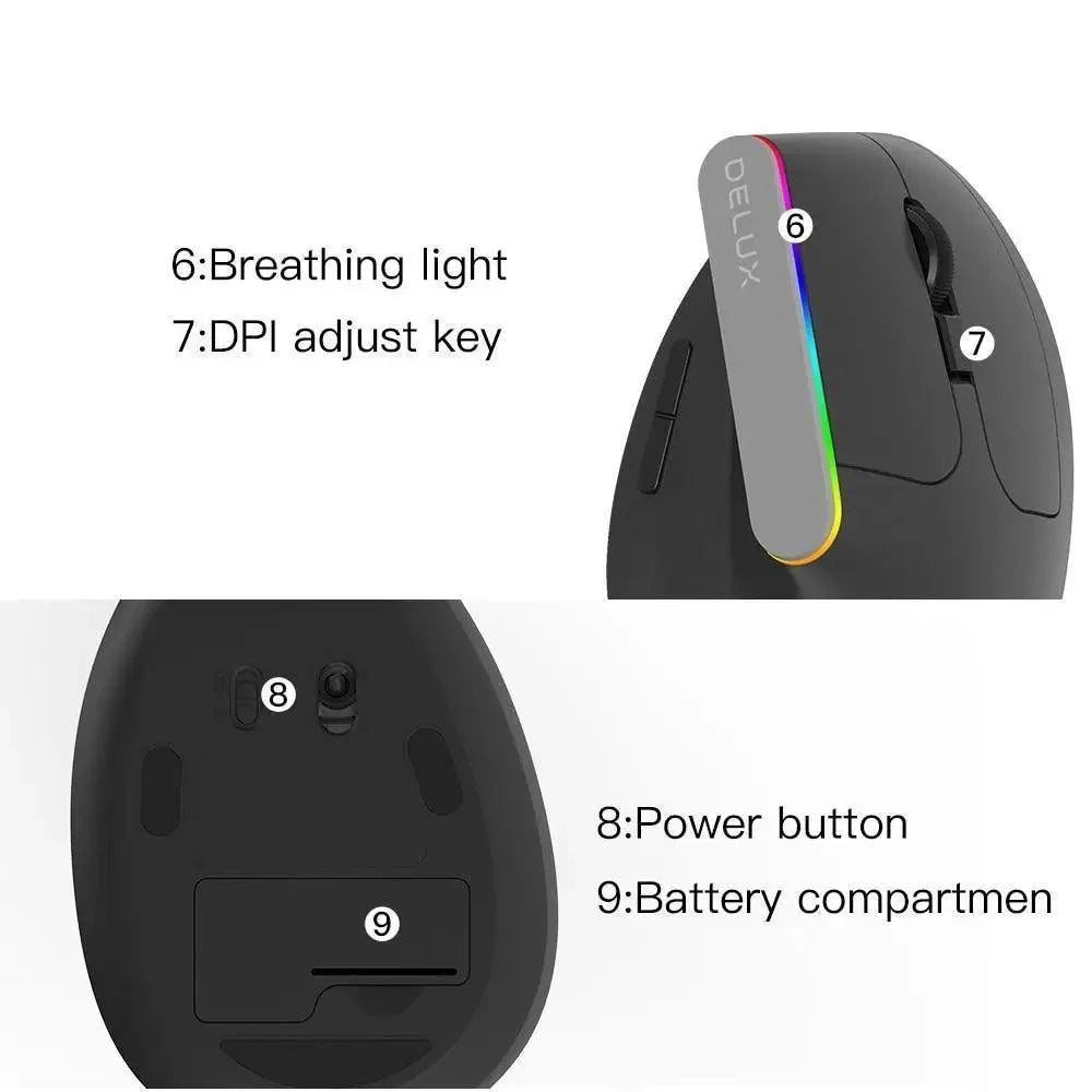 Stevvex black wireless ergonomic vertical mouse with RGB lighting, 1600 DPI USB 2.4GHz on Tampa Home & Garden Store