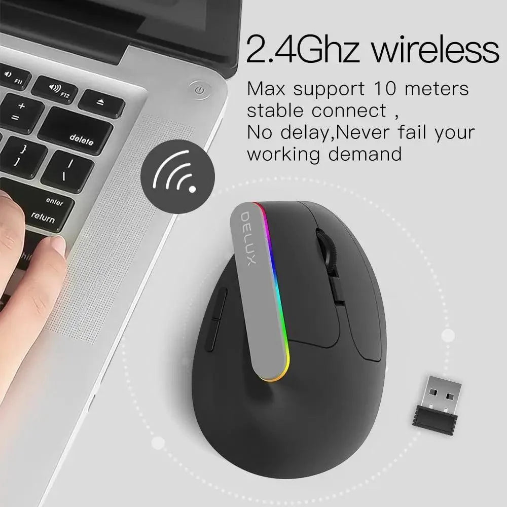 Stevvex black wireless ergonomic vertical mouse with RGB lighting, 1600 DPI, USB receiver for PC on Tampa Home & Garden Store