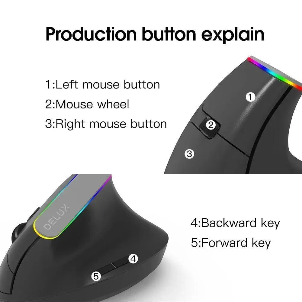 Delux black wireless ergonomic vertical mouse with RGB lighting, 1600 DPI, USB/2.4Ghz on Tampa Home & Garden Store