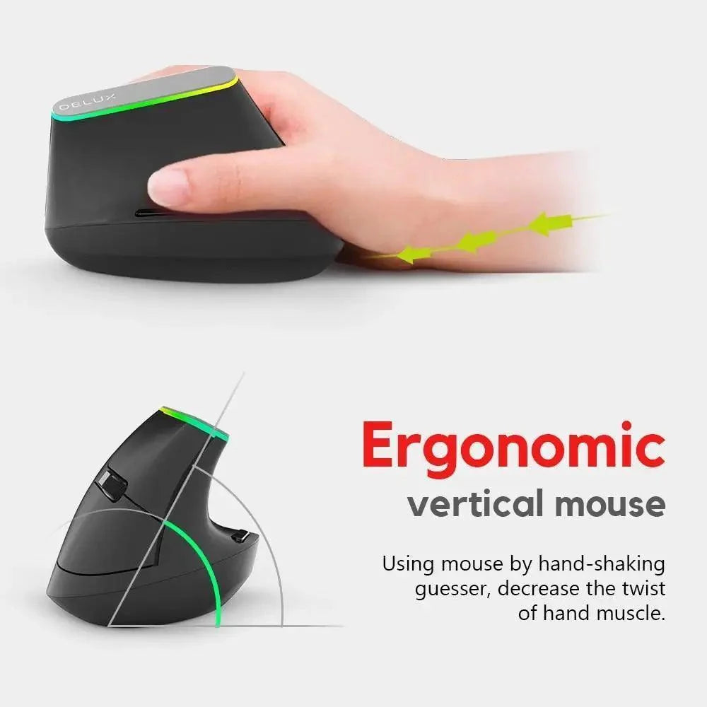 Stevvex black wireless ergonomic vertical mouse, 1600 DPI, RGB lighting, USB 2.4GHz receiver on Tampa Home & Garden Store