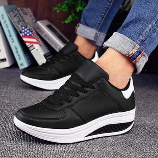 Stevvex women sneakers black leather lace-up low-top with white sole on Tampa Home & Garden Store