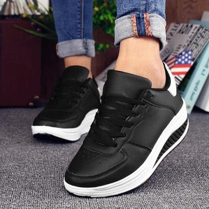 Stevvex black leather women's sneakers low-top lace-up with white sole casual sporty shoes on Tampa Home & Garden Store