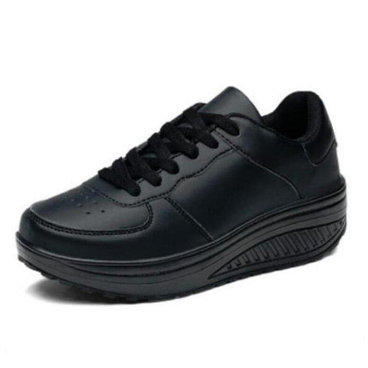 Stevvex black leather women sneakers platform low-top lace-up casual athletic shoes on Tampa Home & Garden Store