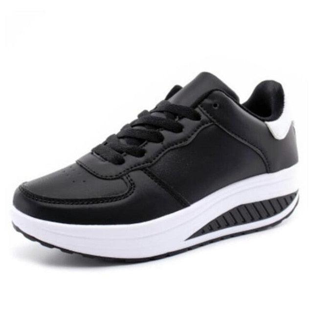Stevvex black leather womens sneakers with lace-up white chunky sole casual sport on Tampa Home & Garden Store