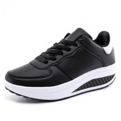Stevvex black leather womens sneakers with lace-up white chunky sole casual sport on Tampa Home & Garden Store