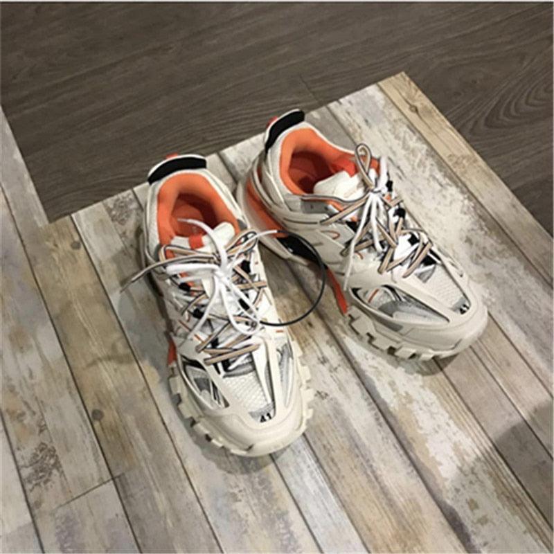 Stevvex white breathable mesh sneakers with chunky sole and orange lining for casual wear on Tampa Home & Garden Store