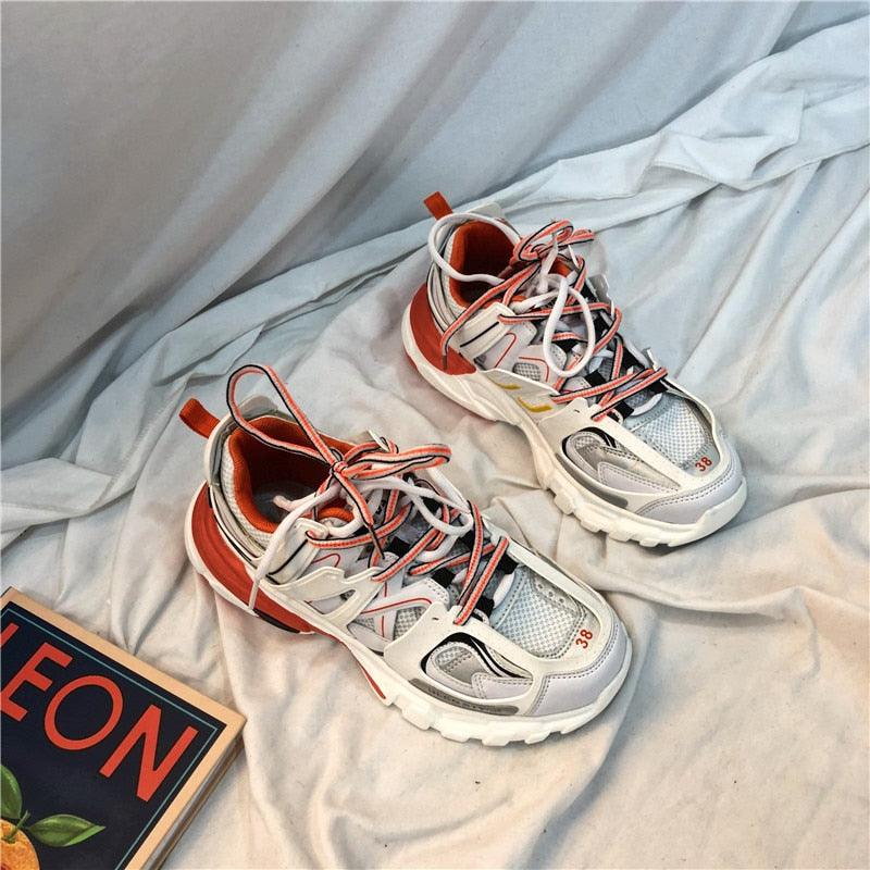 Stevvex women's breathable mesh sneakers, white/gray with orange accents, pair, size 38 on Tampa Home & Garden Store