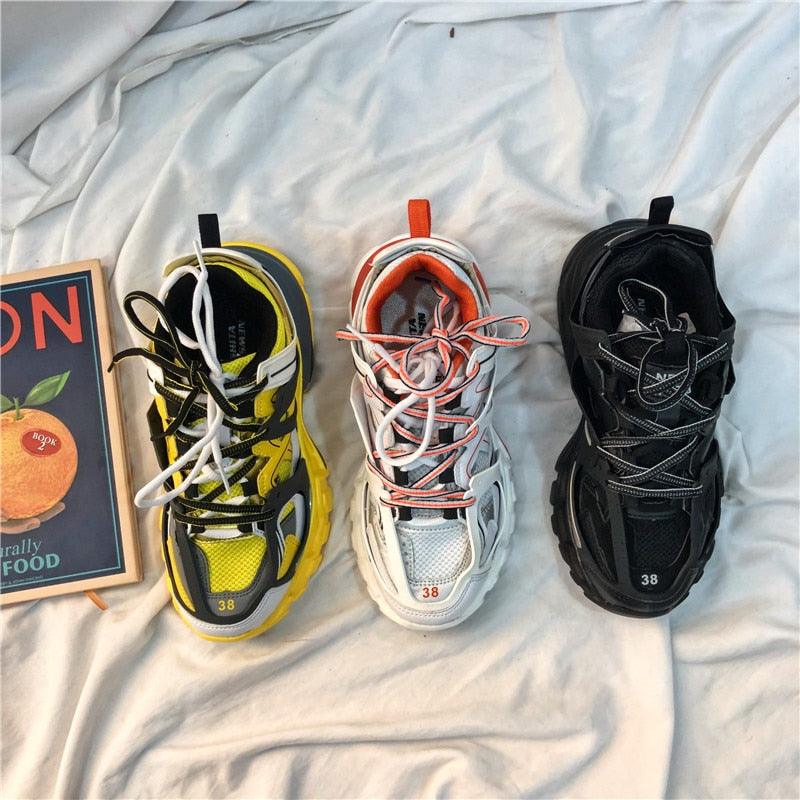 Stevvex womens breathable mesh sneakers trio in yellow-black white-orange black size 38 on Tampa Home & Garden Store