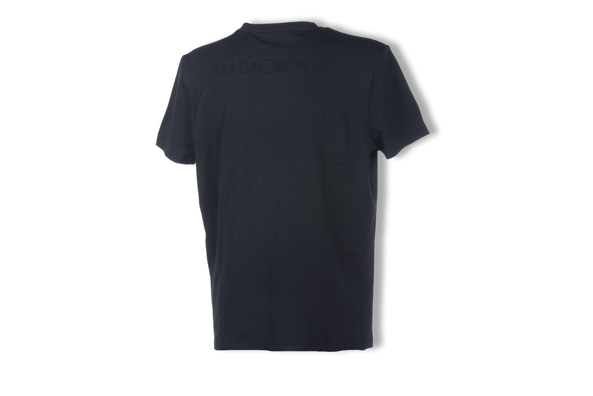 Suomy men's black short-sleeve T-shirt with embossed SUOMY logo on upper back on Tampa Home & Garden Store