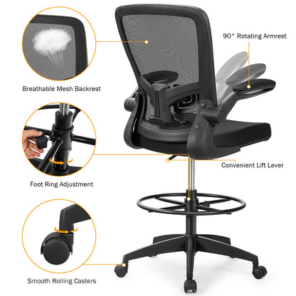 Height Adjustable Drafting Chair with Flip Up Arms-Black