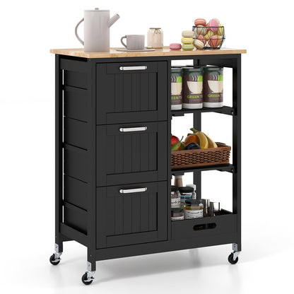 Kitchen Island Cart on Wheels with Rubber Wood Top and 3 Drawersand Removable Tray-Gray