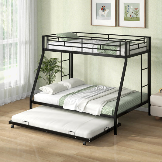 Twin Over Full Bunk Bed Frame with Trundle for Guest Room-Black - Tampa Home & Garden Store