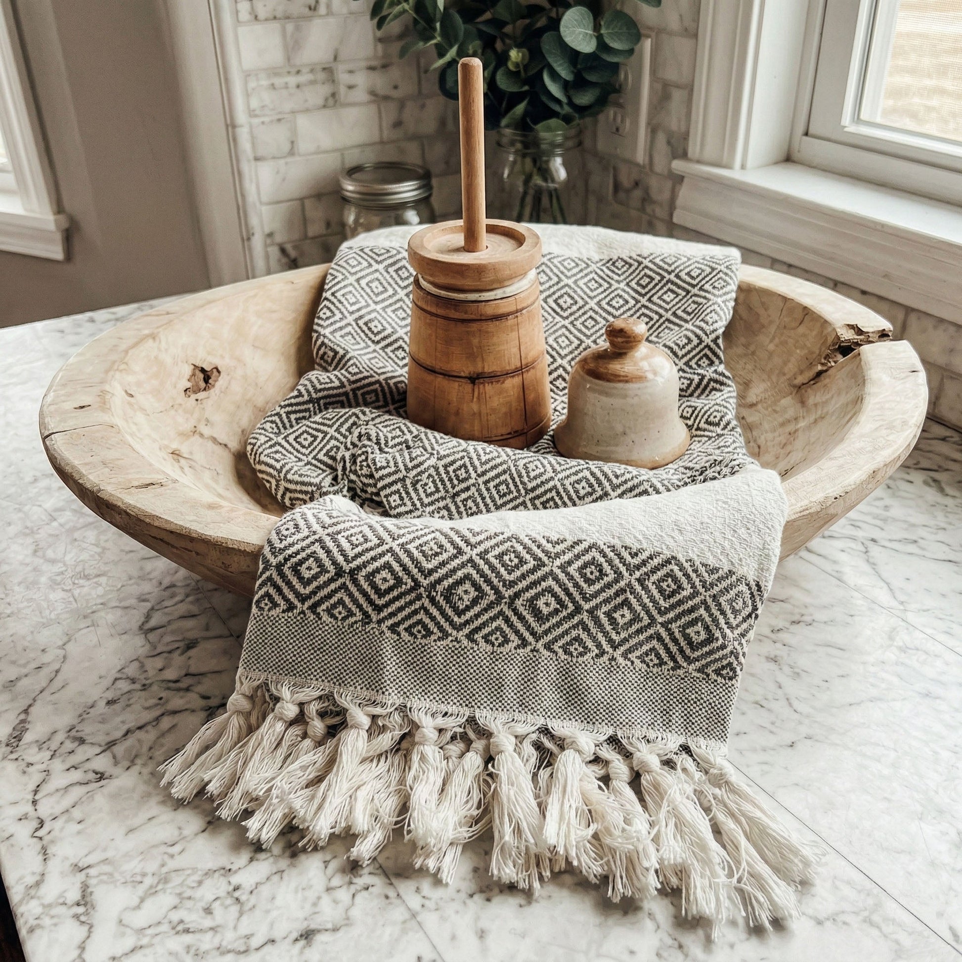 Haley Diamond Towel 200GSM Gia Roma beach towel with black and white diamond pattern and tassels on Tampa Home & Garden Store