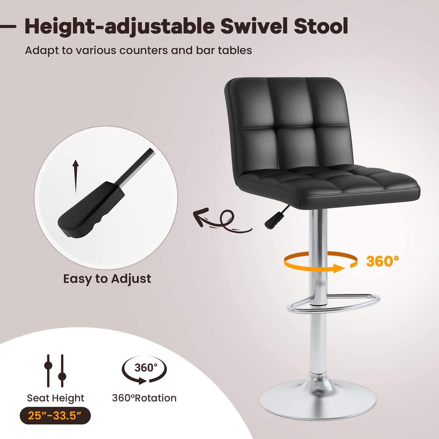 Set of 2 Square Swivel Adjustable PU Leather Bar Stools with Back and Footrest-Black