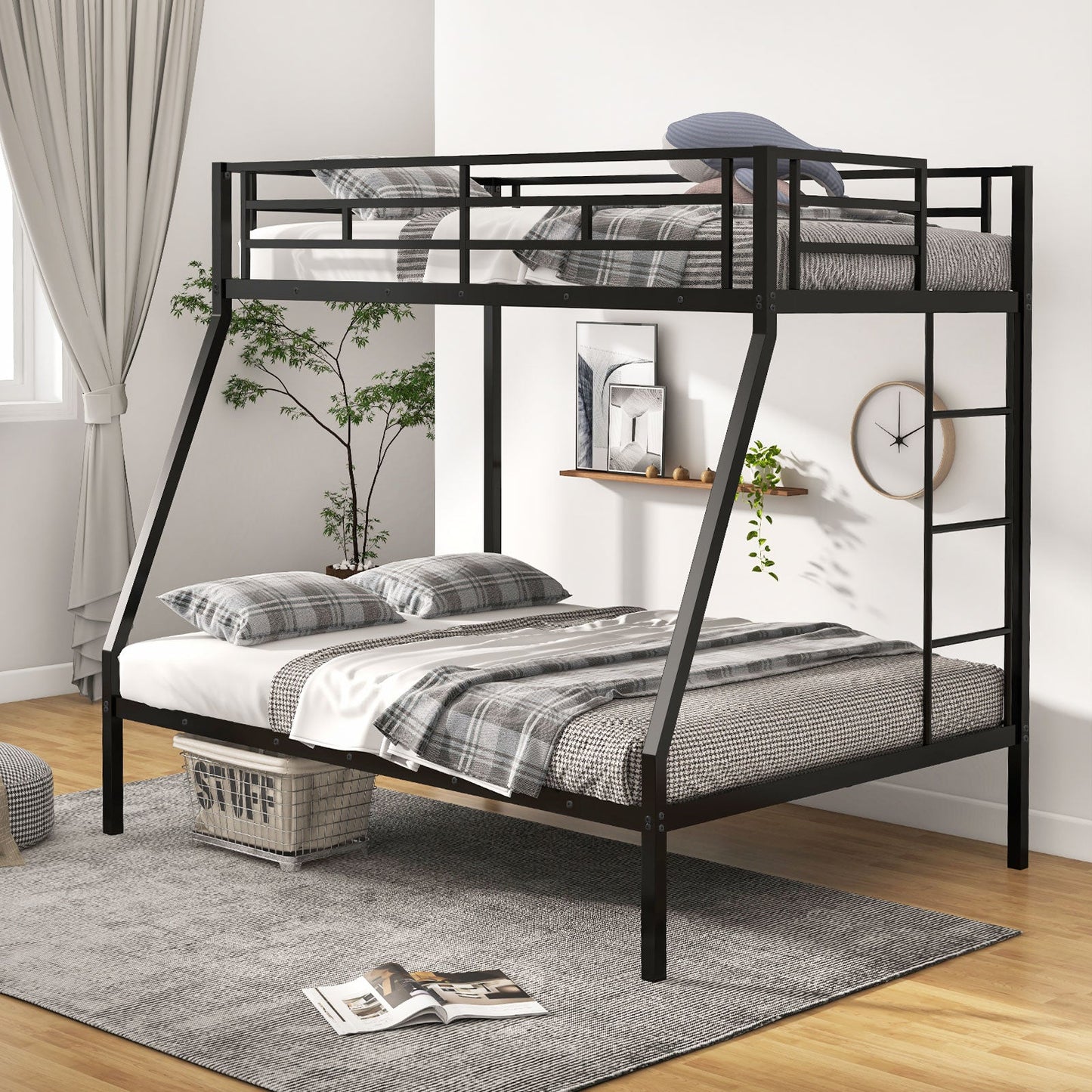 Estructura de cama metálica con somier de láminas que ahorra espacio para adolescentes y adultos, sin ruido, no necesita somier, color negro
