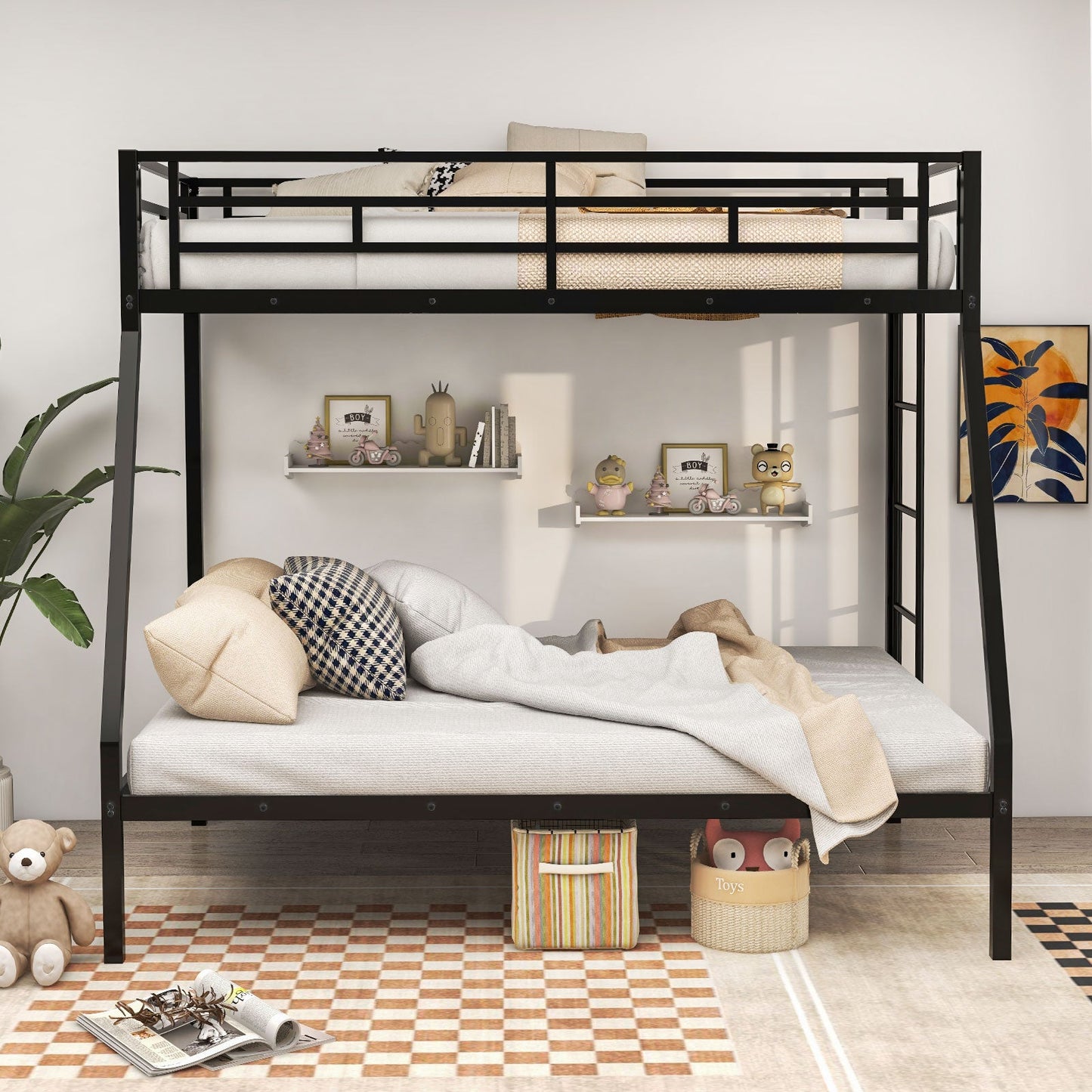 Estructura de cama metálica con somier de láminas que ahorra espacio para adolescentes y adultos, sin ruido, no necesita somier, color negro