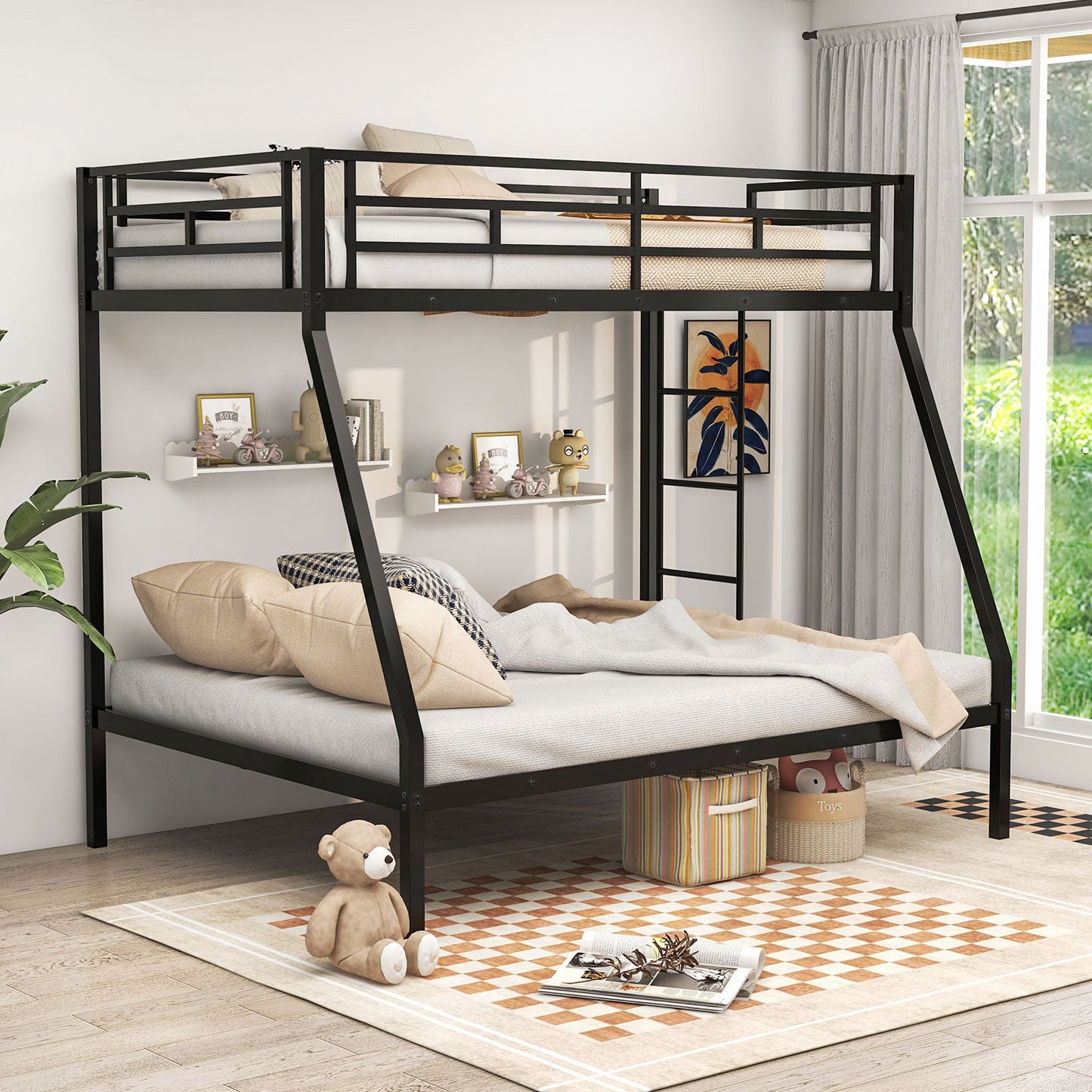 Estructura de cama metálica con somier de láminas que ahorra espacio para adolescentes y adultos, sin ruido, no necesita somier, color negro