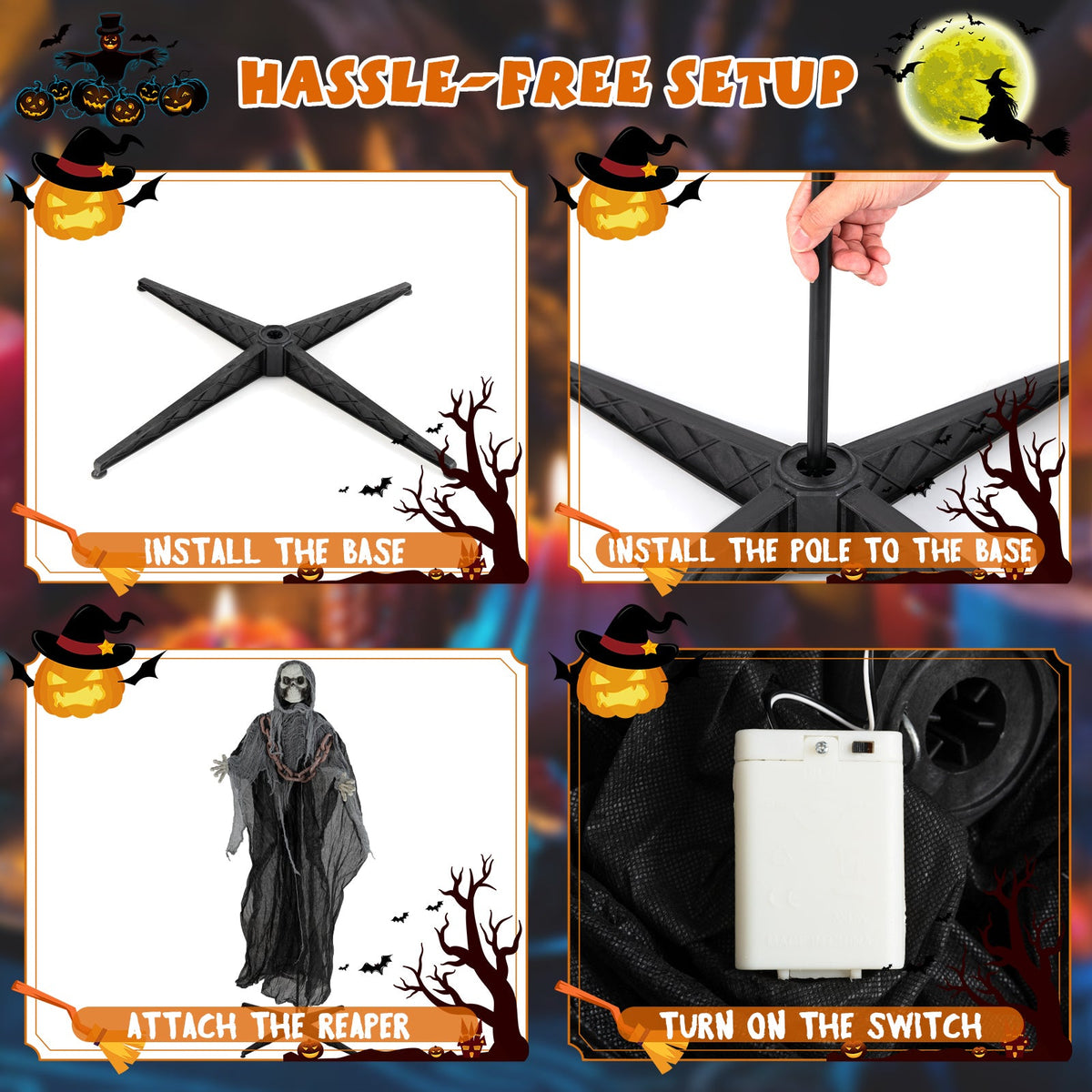 Grim Reaper lawn ornament 6.4 ft with base and pole, DirectDeals, black robe, assembly on Tampa Home & Garden Store