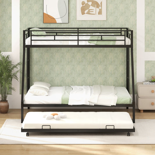 Twin Over Full Bunk Bed Frame with Trundle for Guest Room-Black - Tampa Home & Garden Store