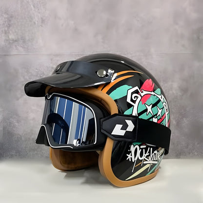 NOSPEAK retro open-face helmet in black with bright graffiti, goggles included by BikerZoneZ on Tampa Home & Garden Store