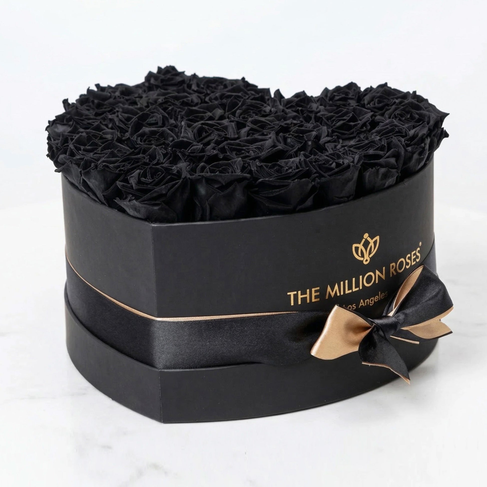 Heart Black Box by The Million Roses with black shredded filler and satin ribbon on Tampa Home & Garden Store