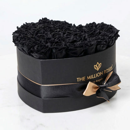 Heart Black Box by The Million Roses with black shredded filler and satin ribbon on Tampa Home & Garden Store