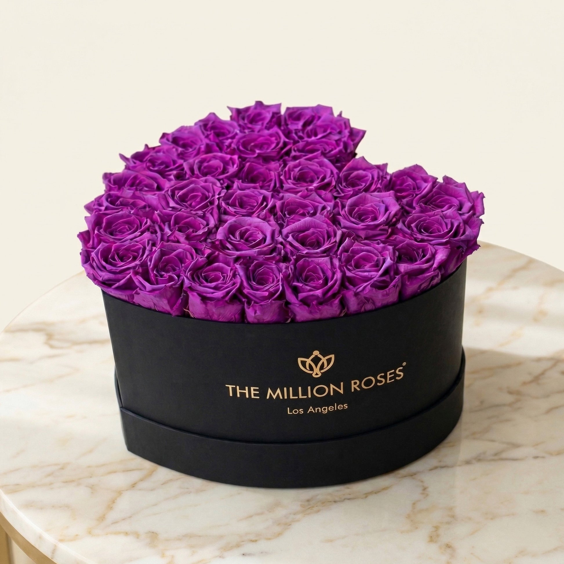 Heart Black Box bouquet of bright purple roses in a black hatbox by The Million Roses on Tampa Home & Garden Store