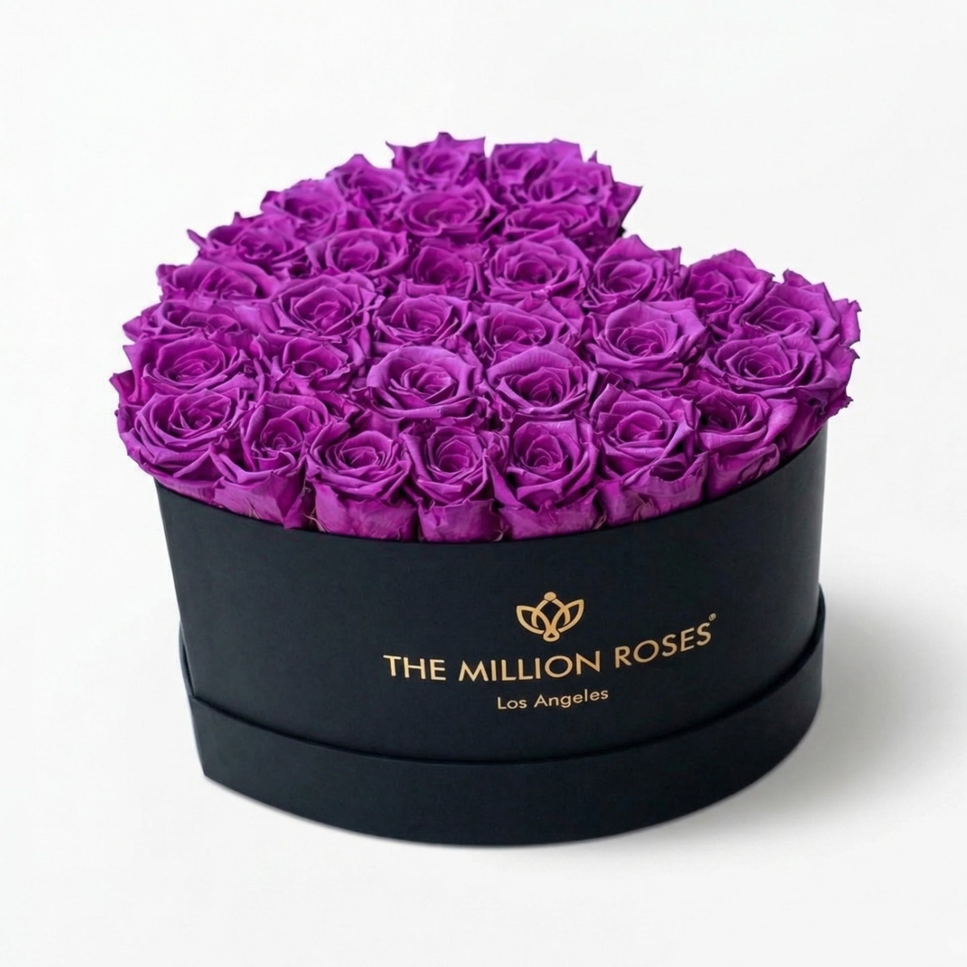 Heart Black Box Bright Purple Roses bouquet in a black hat box by The Million Roses on Tampa Home & Garden Store